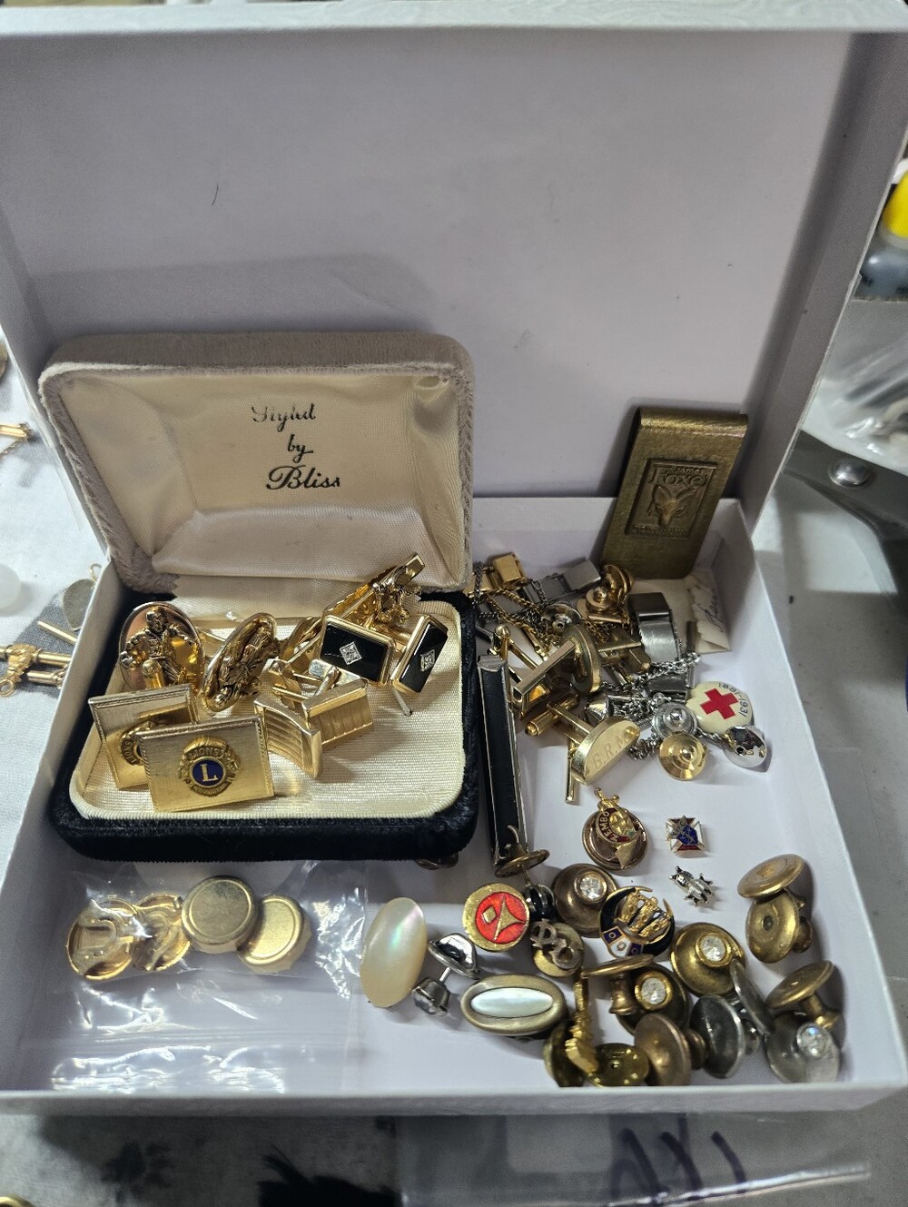 Vintage Gold Tone Cufflink & Vintage Pin Lot - Red Cross Accent